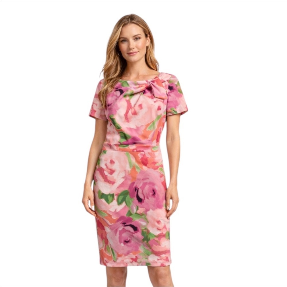 London Times Floral Dress Size 4 Pink Bow Neck Sheath Elegant Party